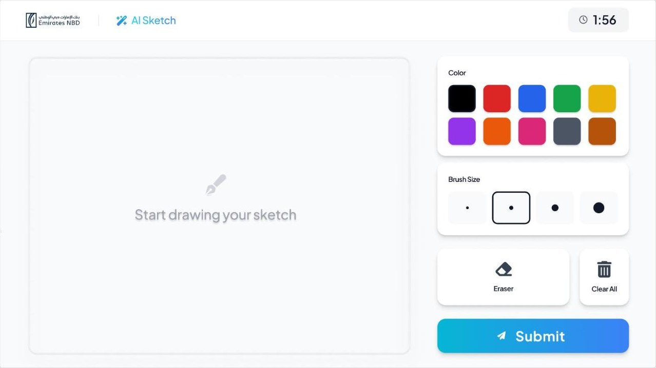 Drawing canvas with colours, brush sizes, eraser, clear all and submit