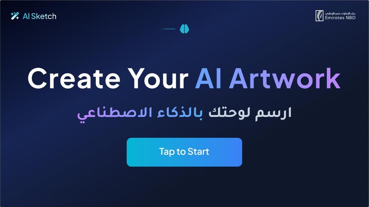 AI Sketch touchscreen idle screen: Create Your AI Artwork, in English and Arabic, with a Tap to Start button