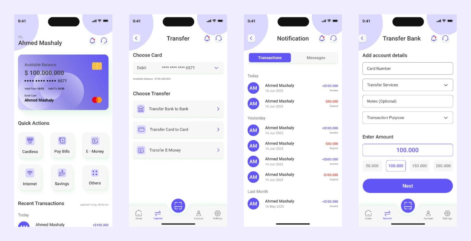 NEXA Bank screens: home, transfer, transaction notifications and transfer to bank