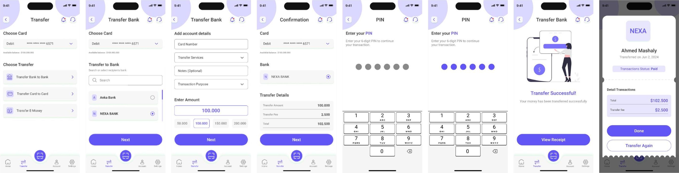 NEXA transfer via bank flow: choose transfer, choose bank, details, confirmation, PIN, success, receipt
