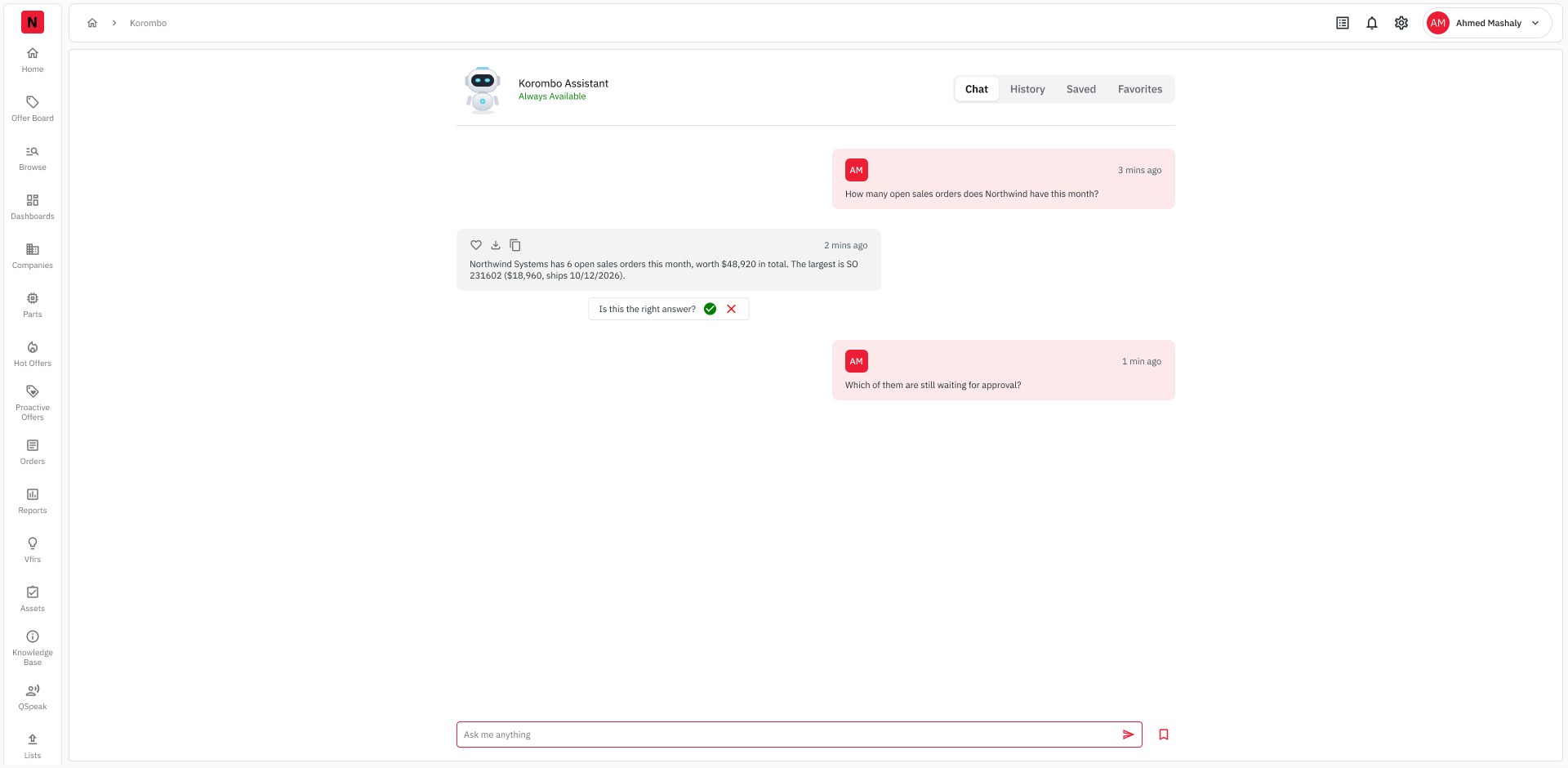 Korombo in New Power: a question about open sales orders, the answer with a rating prompt, and a follow-up question