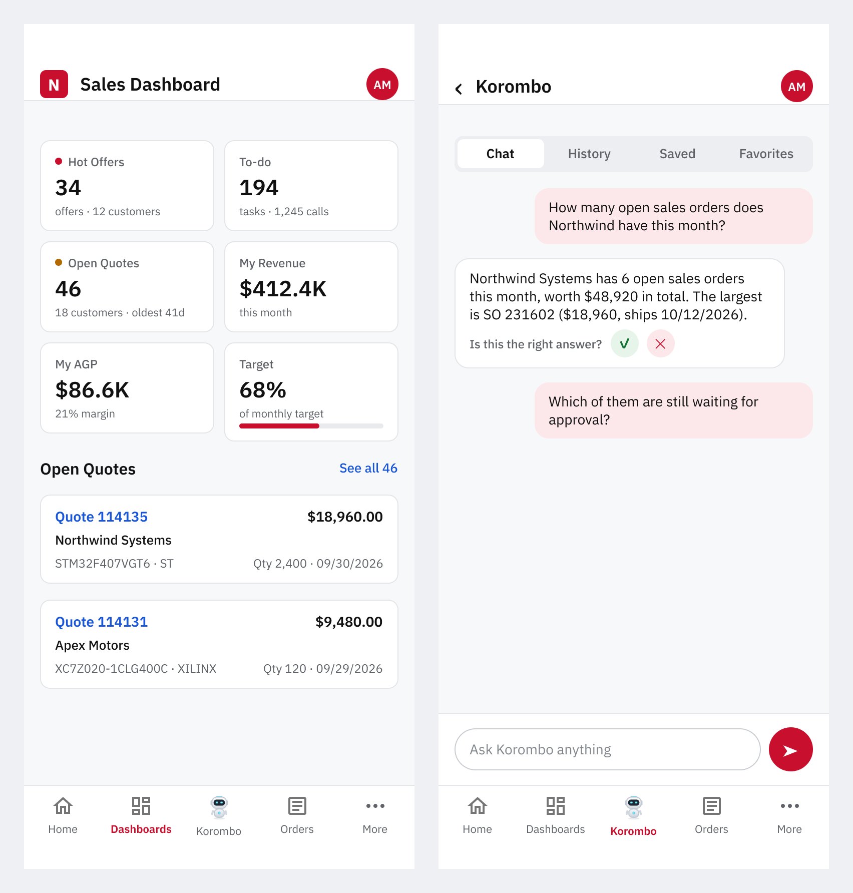Mobile versions: dashboard with two-column tiles and quote cards, and Korombo with a pinned composer and bottom tab bar