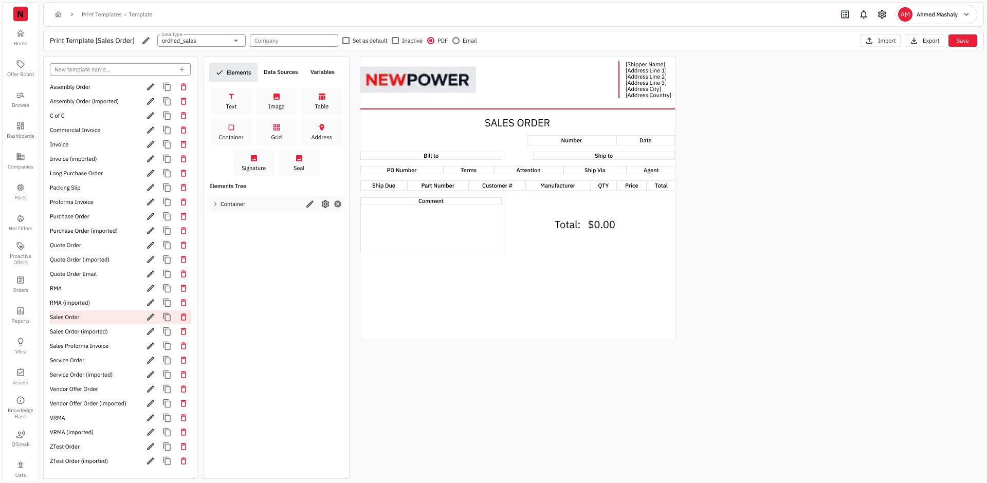 Print template designer with Import, Export and Save together in the page header
